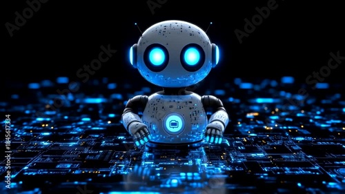 Cute robot with glowing blue eyes on a digital background.