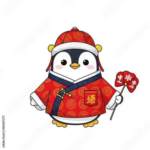 A cute penguin wearing a traditional Chinese outfit holds a red fan.