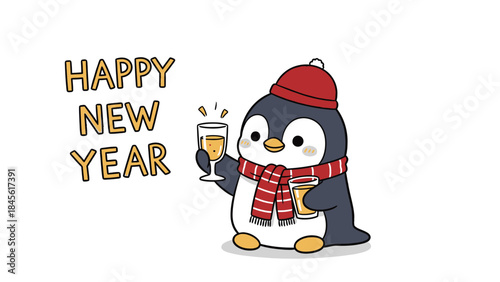 A cartoon penguin in a red hat and scarf holds champagne glasses celebrating.