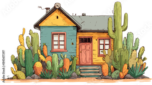 Cartoon House with Cactus and Cactus Vector Illustration