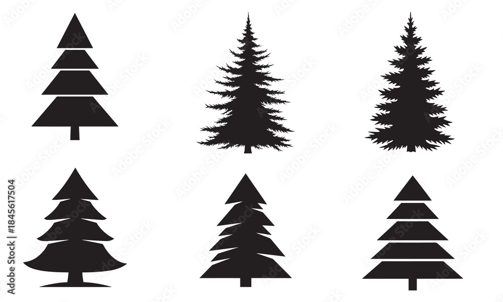 Obraz premium Set of six black silhouette christmas tree icons and shapes