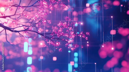 Cherry blossom branches illuminated by vibrant pink light intertwining with abstract glowing lines and squares, symbolizing the fusion of nature and advanced technology in a futuristic setting