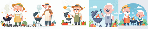 vector of grandfather grilling meat