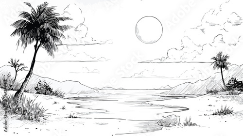 Moonlit Beach Scene Vector Illustration with Calm Ocean Waves at Night