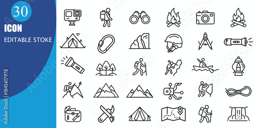 Adventure Outline Vector Icon Set – Travel, Camping, Hiking and Outdoor Exploration Line Icons