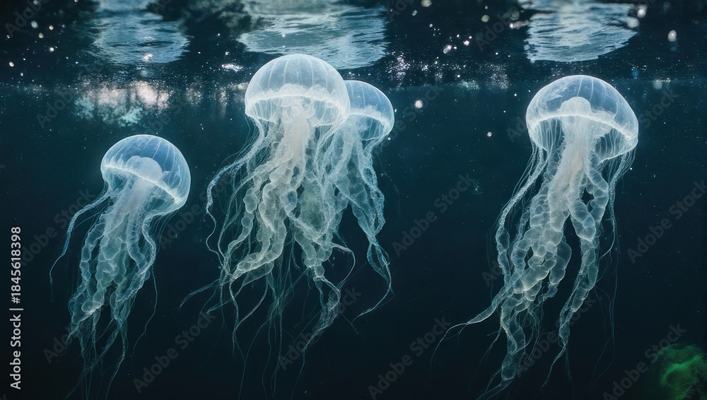 Fototapeta premium Graceful jellyfish dance in the deep blue sea, a mesmerizing aquatic ballet.