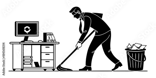 Vector silhouette illustration of man and woman office workers playing ice hockey