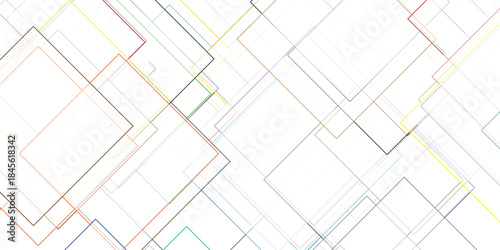 Abstract geometric pattern of overlapping colorful thin lines forming squares and rectangles on a white background creating a dynamic and modern visual texture