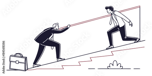 Business people vector illustration concept: silhouette men and woman climbing up the ladder or stairs, action sport cartoon