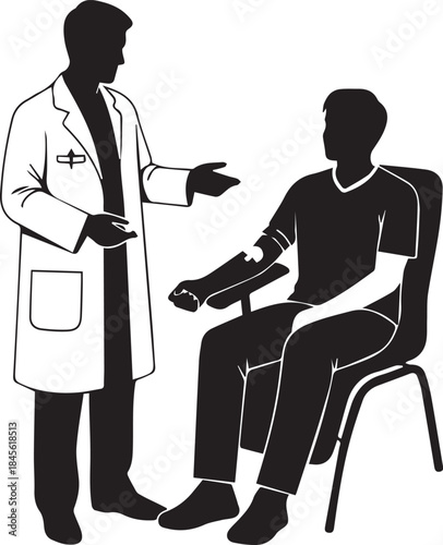 Doctor in white coat consults patient sitting in chair receiving medical treatment