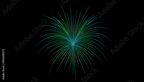 Abstract emerald green and blue fireworks burst in clean vector style, representing hope, renewal, and a vibrant New Year celebration with a modern nature-inspired feel.