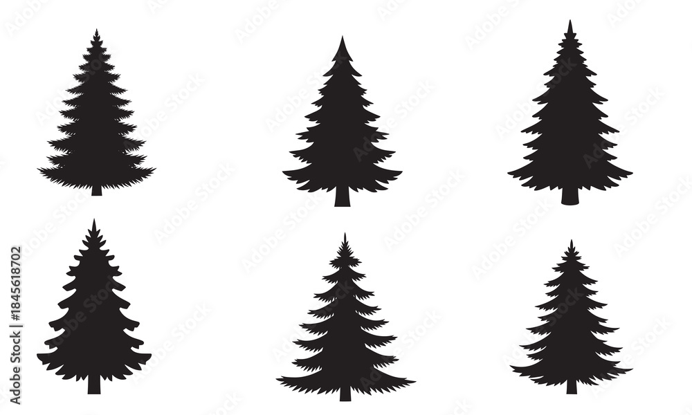 Fototapeta premium Set of six black silhouette christmas tree icons for holiday design