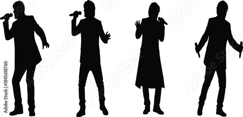 Male Singers Silhouettes Group Performance on Stage Live Concert Event Entertainment Business Music Industry Pop Rock Star Vocalist Artist Microphone Suit Tuxedo Vector Design.