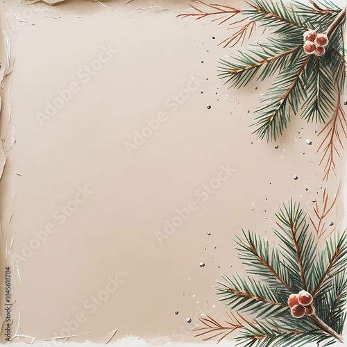 Watercolor Pine and Berry Christmas Background Frame Template