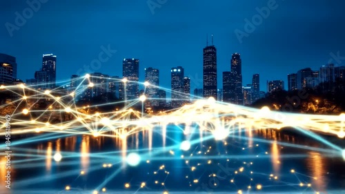 Futuristic Cityscape with Digital Network Overlay at Night.