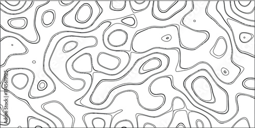 Black and white abstract contour map pattern with thick, bold lines defining irregular organic shapes and curves, offering a clean, graphic, and versatile design for backgrounds and visual elements