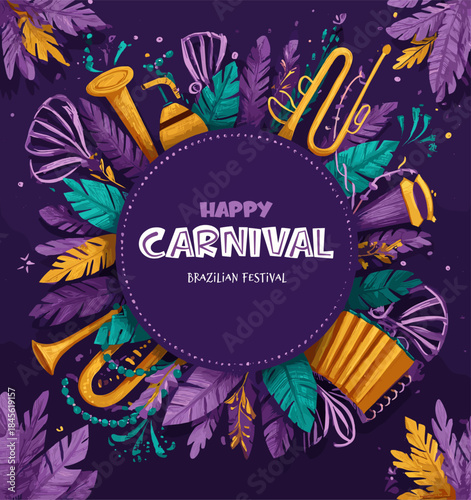 Brazilian carnival poster. Brazil festival card, rio carnaval latin fiesta festive celebration music instruments dance party tropical leaves purple background vector illustration