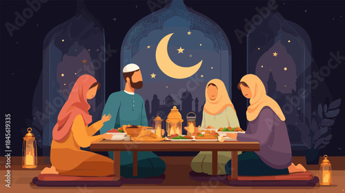 Family iftar. Ramadan islamic holy month scene, muslim parents with children eat food eid mubarak dinner at night crescent star sky mosque background cartoon vector illustration