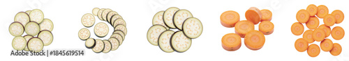 Various arrangements of fresh sliced eggplant and vibrant orange carrot rounds on a pristine white background