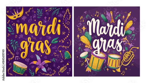 Mardi gras posters. Mardigras carnival celebration cards, brazilian bright festival music mask party brazil flyers design fun carnaval purple background cartoon vector illustration