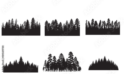 Set of six black silhouettes of dense coniferous forest tree lines