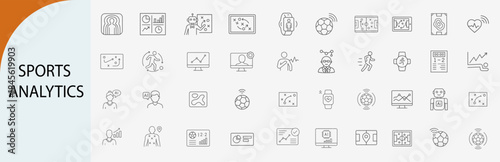 sports analytics line icons set, athletic data monitoring and fitness tracking