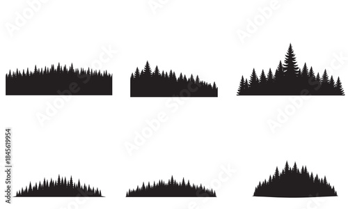 Set of six black silhouettes representing forest and tree line landscapes