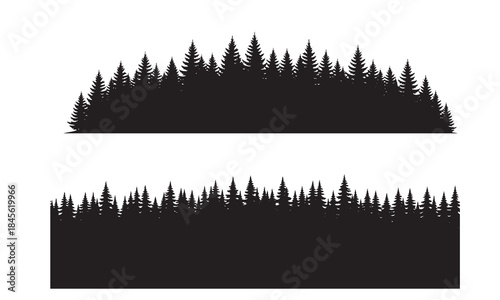 Black silhouette of pine forest tree line border design element