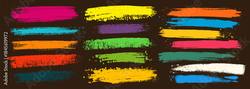 olorful brush strokes. Brushstroke marks set, bright color paint spray borders vintage grunge stripes for graffiti wall crayons mark marker retro chalk texture vector illustration