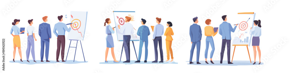Obraz premium Team whiteboard presentation. Office worker presentate work project, business training meeting coworker leader make marketing company development growth plan vector illustration