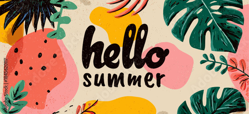 Summer abstract banner. Doodle tropical plants grunge background, hello summer concept retro vintage wallpaper jungle nature fruit texture colorful shapes pattern vector illustration