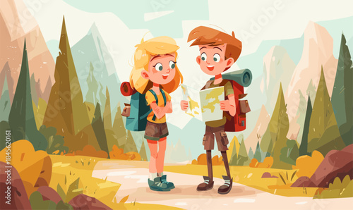Teenagers hiking. Cartoon kids hikers in mountain forest, teen guy hold map cute girl with camp backpack in wild nature summer landscape child scout background vector illustration