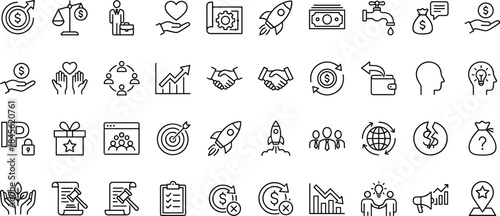 Business finance and startup icon set, investment growth symbols, teamwork success elements, money strategy tools, outline style, cad drawing flat vector illustration