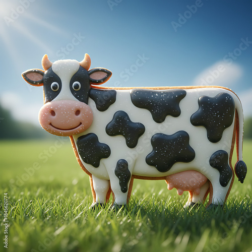 Cartoon Gingerbread cow cheerful smiling standing in green field against bright blue sky background