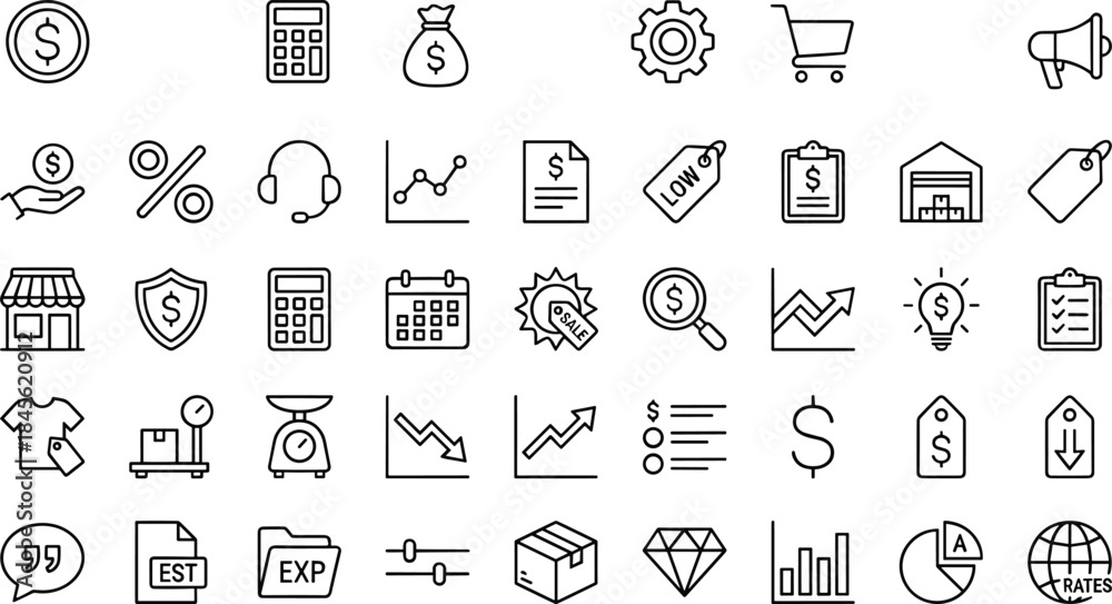 Fototapeta premium business, finance, money, accounting, marketing, analytics, ecommerce, pricing, budget, investment, sales, banking, economy, commerce, strategy, growth, profit, management, planning, symbols