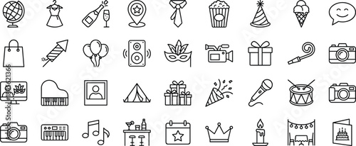 party, celebration, event, festival, entertainment, music, birthday, wedding, fun, decoration, gift, balloon, cake, holiday, joy, nightlife, carnival, gathering, icons, vector
