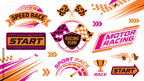 Colorful racing vector badge set, with speed race start motor racing icons arrows flags trophy modern design branding illustration elements