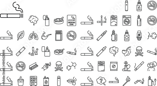 smoking, cigarette, tobacco, nicotine, addiction, vape, vaping, e cigarette, health, danger, warning, prohibition, smoke, habit, lifestyle, risk, control, prevention, icons, vector
