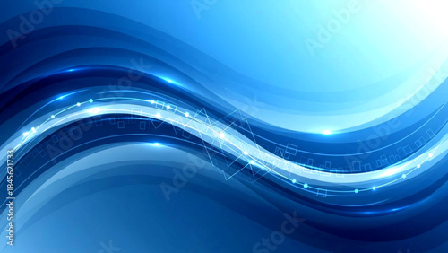 Abstract blue wave background with glowing white lines and dots, modern technology or futuristic design element with smooth curves