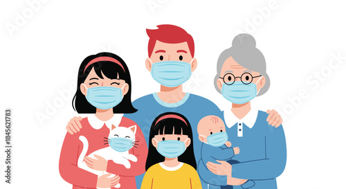 Multi-generational family portrait including parents, children, grandmother, and a pet cat all wearing protective face masks.