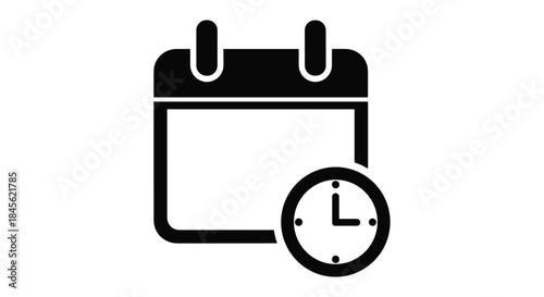 Black silhouette icon of a calendar with a clock, symbolizing schedules, appointments, deadlines, and time management concepts.