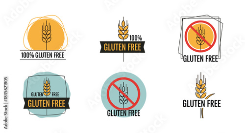 Set of six different gluten-free food labels and icons with wheat symbols for product packaging and dietary information.