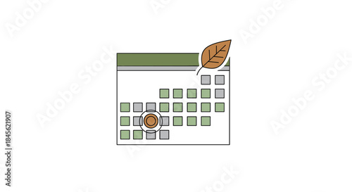 Minimalist calendar icon with a circled date and a brown autumn leaf, representing an important event or schedule in the fall.