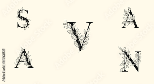 Elegant set of vintage-style capital letters S, V, A, and N decorated with hand-drawn botanical leaf illustrations for logos.