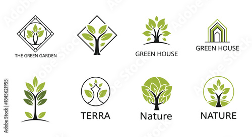 Collection of eight green tree and leaf logo templates for nature, gardening, and eco-friendly business branding concepts.