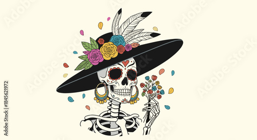 Beautiful illustration of a Calavera Catrina skeleton wearing a large hat with colorful flowers for the Day of the Dead.
