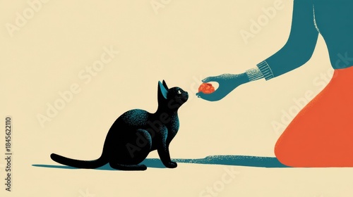 Black cat patiently receives a treat from a person in a minimalist setting