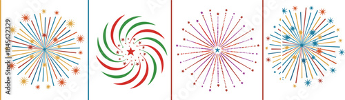 Colorful Vector Set of Fireworks Exploding Designs and Graphic Burst Elements for Festive Celebration and Holiday Graphics