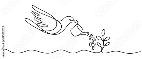 Dove watering a small plant with a watering can in one line drawing style