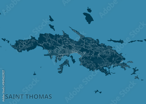 Map of Saint Thomas Island. The map is rendered in shades of blue, with the landmass depicted in a darker blue and the surrounding ocean in a lighter blue. White lines trace the roads